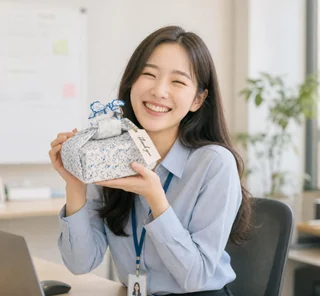 파란 꽃무늬 보자기 선물을 두 손으로 들고 웃는 사람