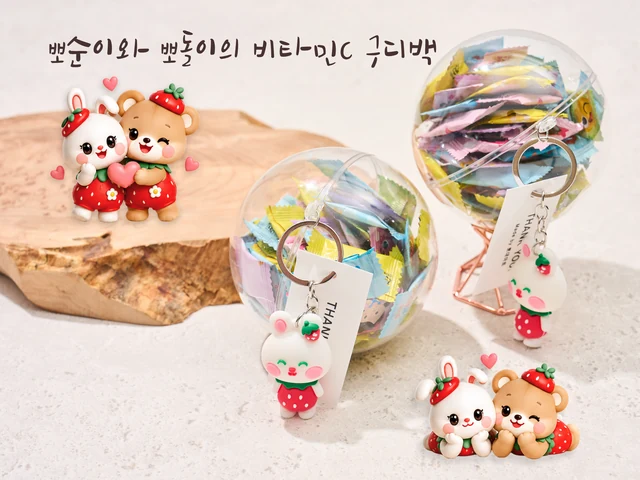 뽀순이와 뽀돌이 캐릭터, 비타민C 캔디와 토끼 키링을 담은 투명볼 구디백